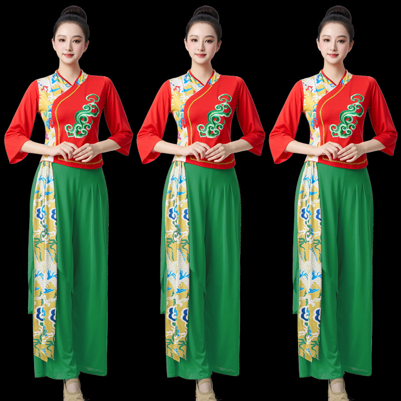 Square Dance Clothing Set Spring and Summer Shaanxi Yangko Dance Female Waist Drum Umbrella Dance Performance Clothing Ethnic Style Performance Clothing Long Sleeves