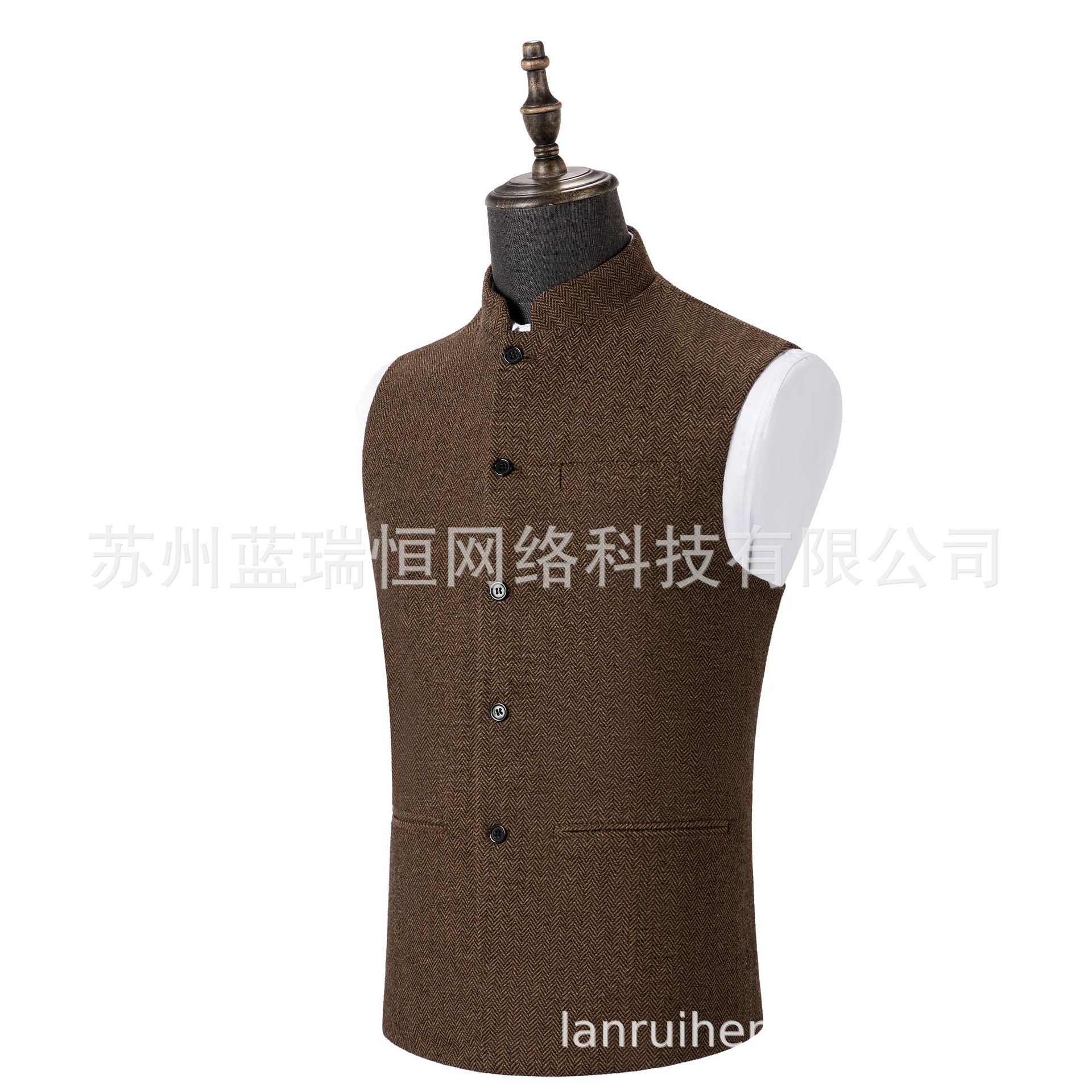 Cross-Border Preferred Men's Vest, Stand Collar, Zhongshan Style Vest, Herringbone Pattern Vest, Factory Direct Sale, Ready-Made Vest