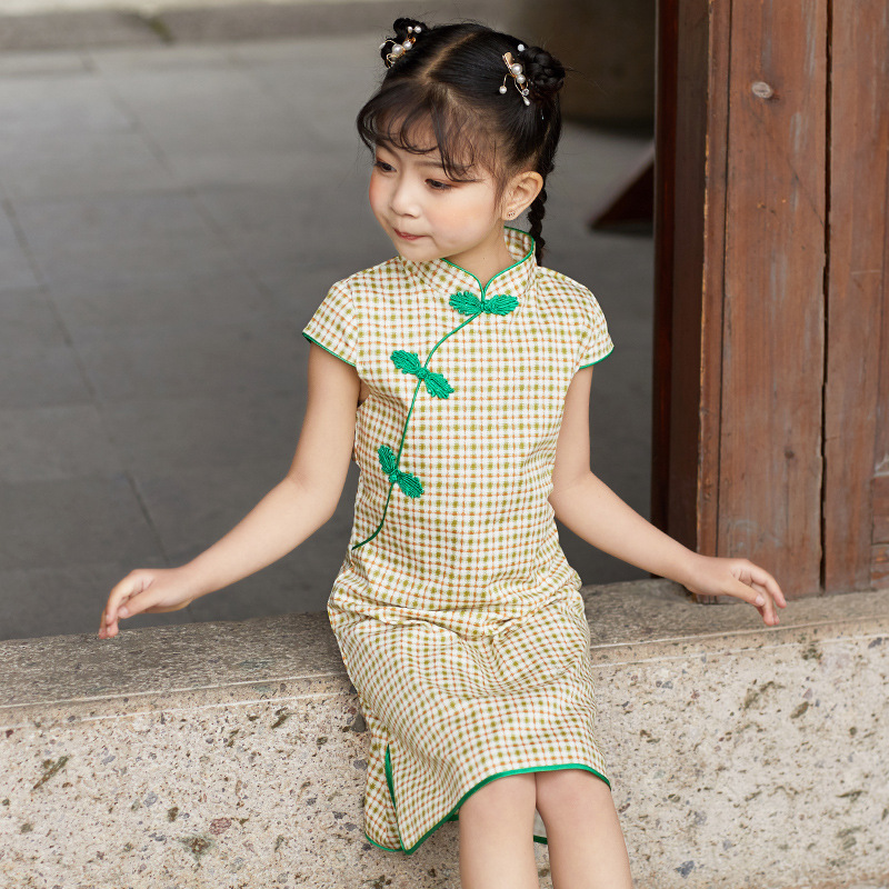 Girls' cheongsam dress Chinese style Plaid princess dress Western style children's clothing Hanfu summer 2024 new dress