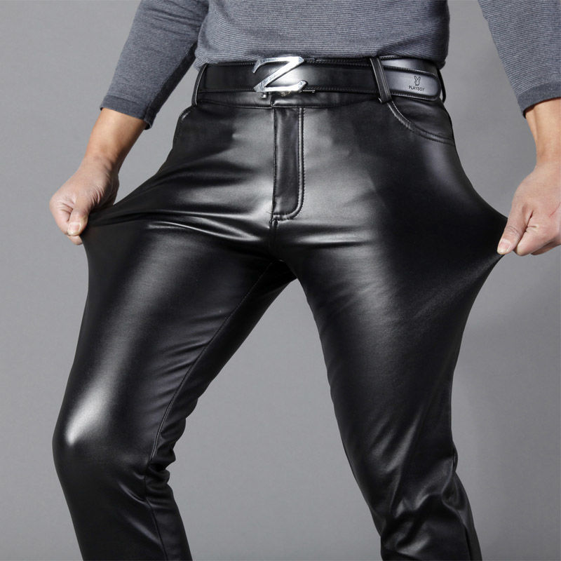 Spring Summer Autumn Korean Style Tight Slim Fit Leather Pants Men's Skinny Pants High Stretch fleece-lined Youth Motorcycle