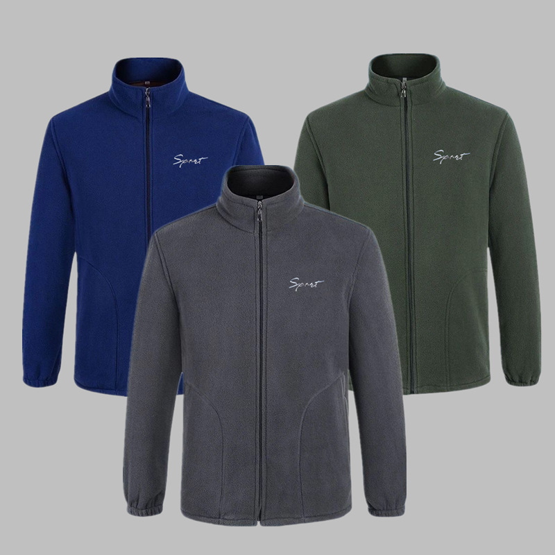 New Polar Fleece Men's Stand-Up Collar Zipper Cardigan Jacket Autumn and Winter Men's Thickeneded Warm Polar Fleece Pure Color Sweatshirt