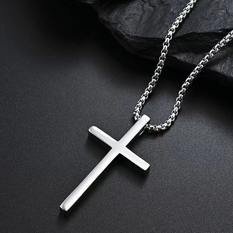 Cross-border European and American New Titanium Steel Cross Necklace Men's Trendy All-match Stainless Steel Cross Pendant Woolen Chain Accessories