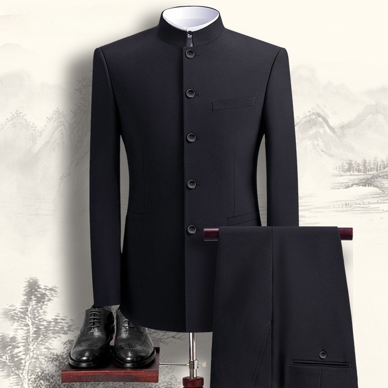 Men's Slim-Fit Chinese-Style Suit with Stand Collar for Young Men, Suitable for Performances, Weddings, and Groom Attire for Autumn