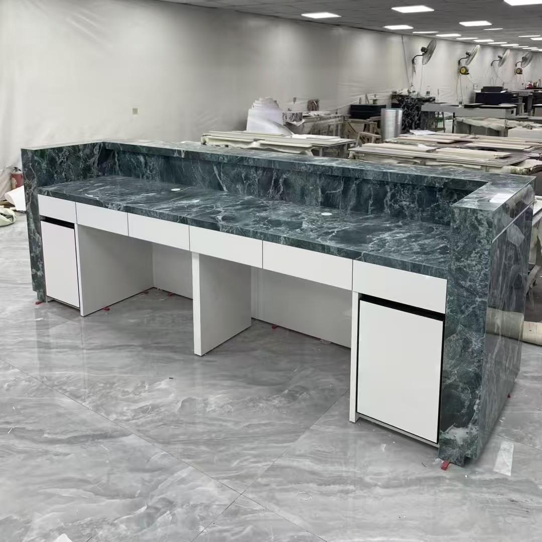 Company Stone Slab Reception Desk Hotel Service Desk Stainless Steel Cashier Counter Stone Slab Marble Bar Table