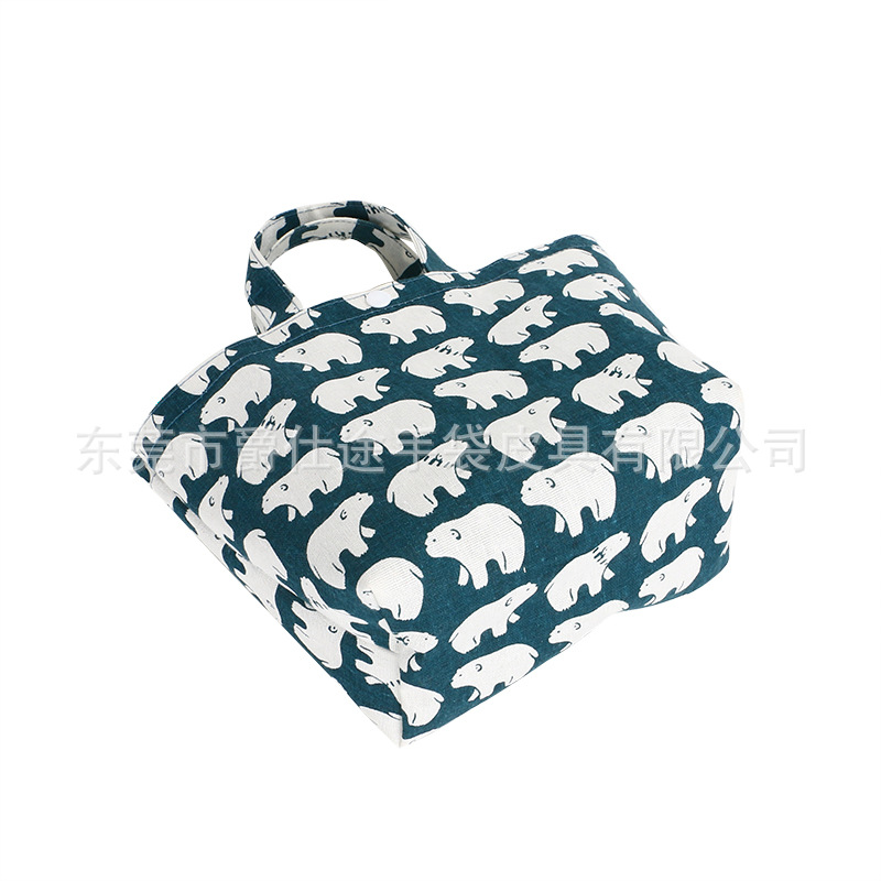 European and American Simple Linen Lunch Bag, Fashionable Printed Linen Handbag, Cute Bear Cosmetics Bag