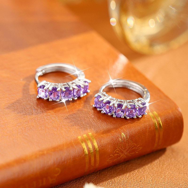 European and American Style S925 Sterling Silver Earrings High-End Row Inlaid Natural Crystal Stone Accessible Luxury Earrings Niche Amethyst Citrine