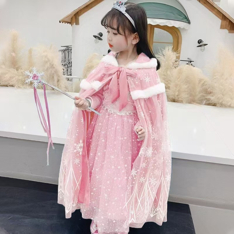 Girls' Frozen Cape with Vest, Elsa Princess Style, Autumn and Winter Children's Tie-Up Warm Outerwear for Older Kids