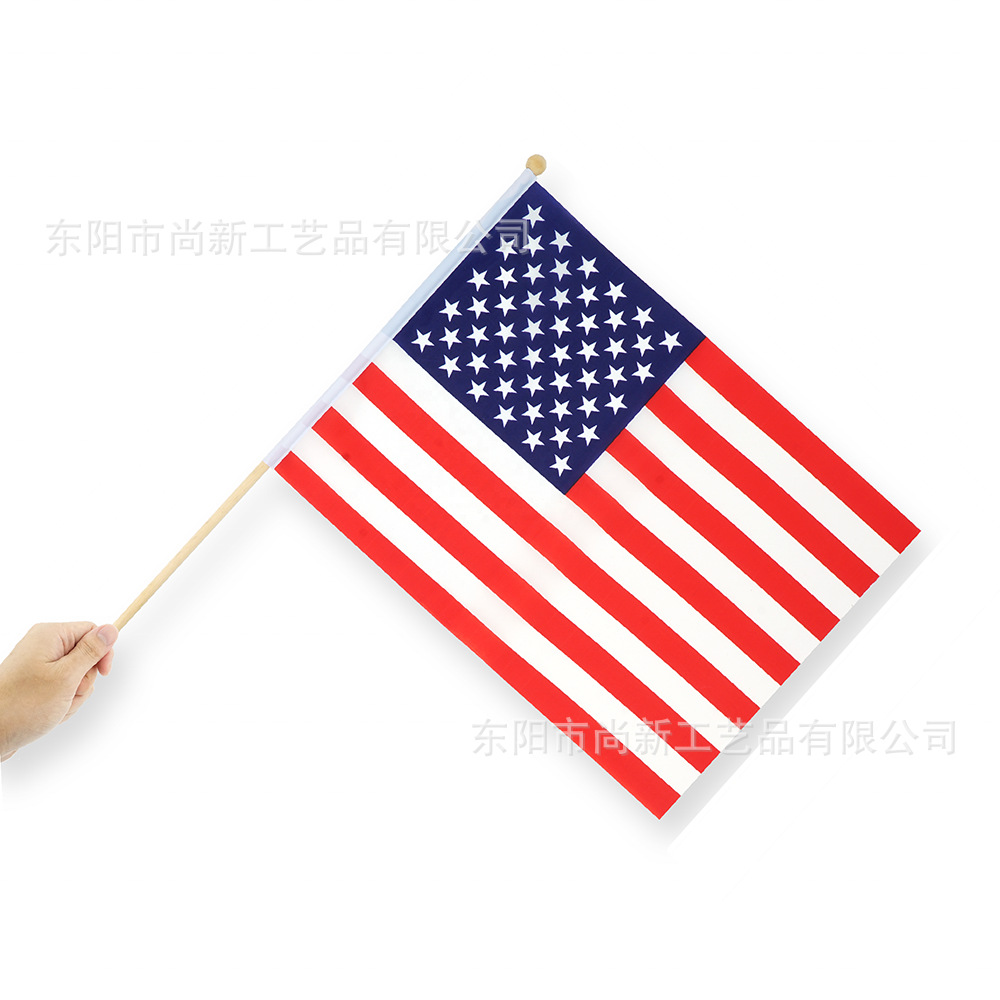 Cross-border in stock U.S. Flag U.S. Wooden Rod Hand-waving Flag Gun Head Gold Head Polyester Rod Flag Chunya Spinning
