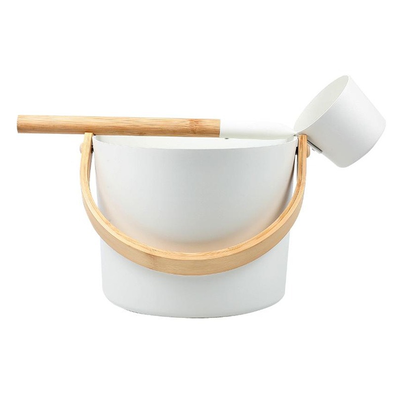 In Stock! Durable Model Sauna Aluminum Bucket, Aluminum Scoop, 5L Spray-Coated Aluminum Bucket, High Temperature Resistant, Black, White Wooden Handle