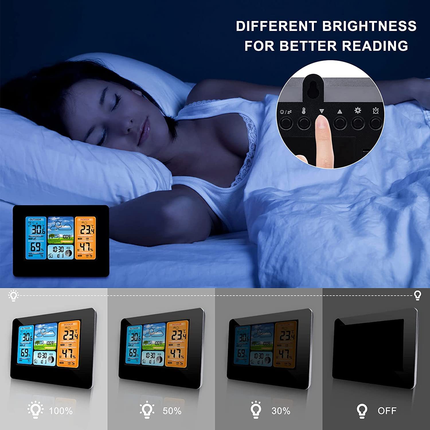 3373 black color screen weather forecast clock indoor and outdoor temperature and humidity meter wall clock electronic alarm clock perpetual calendar weather clock