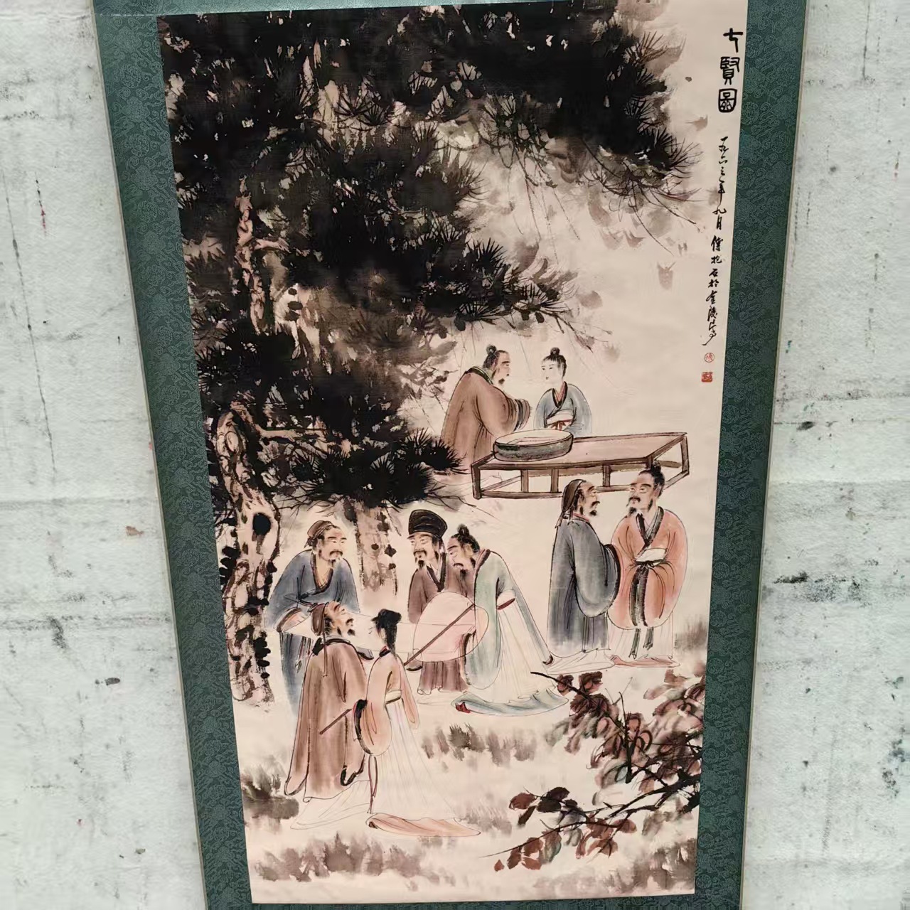 Antique Calligraphy and Painting by Fu Baobai, Seven Sages Scroll, 133.2cm Center Panels 170*70, Wholesale Supply from Painting Manufacturers