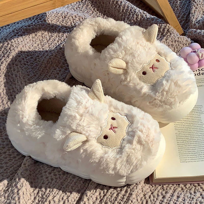 Cute Little Sheep Cotton Slippers for Women in Autumn and Winter, Home Thick-Soled Women's Indoor Cartoon Furry Slippers