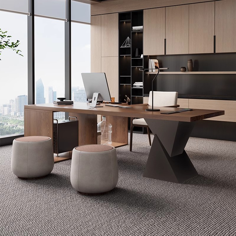 Simple Modern Solid Wood Desk with Tea Table Integrated President Boss Desk Executive Desk Light Luxury and High-End Sense