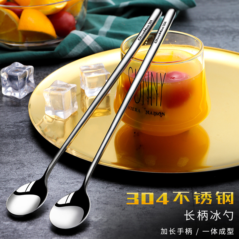 304 Stainless Steel Long Handle Spoon Thickened Mixing Spoon Sand Ice Spoon Milk Tea Round Spoon Coffee Spoon Creative Seasoning Spoon