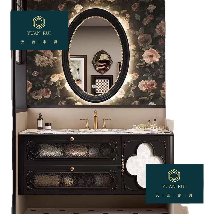 French-Style Rubber Wood New Vintage Bathroom Cabinet Set with Integrated Ceramic Washbasin