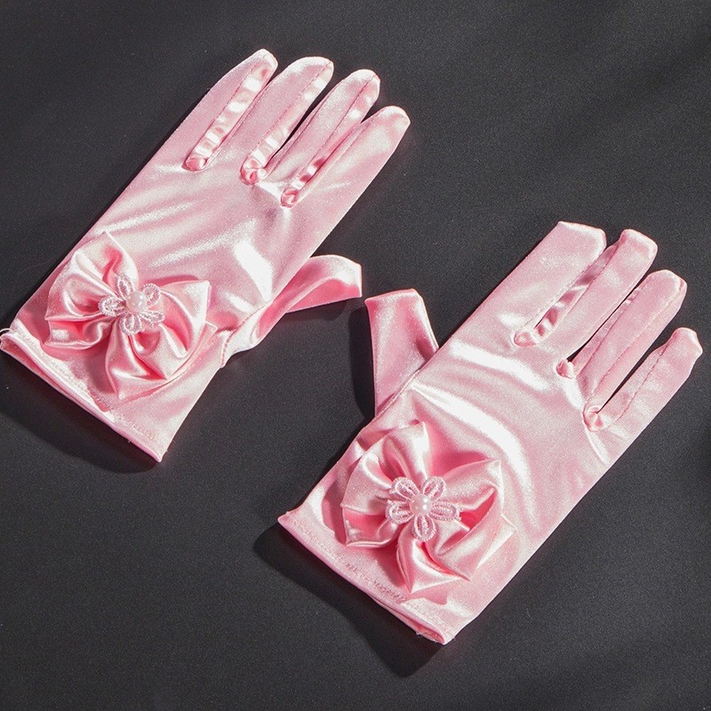 Popular Children's Short Five-Finger Gloves White Powder Rice Red Ding Stretch Satin Cute Bow Gloves