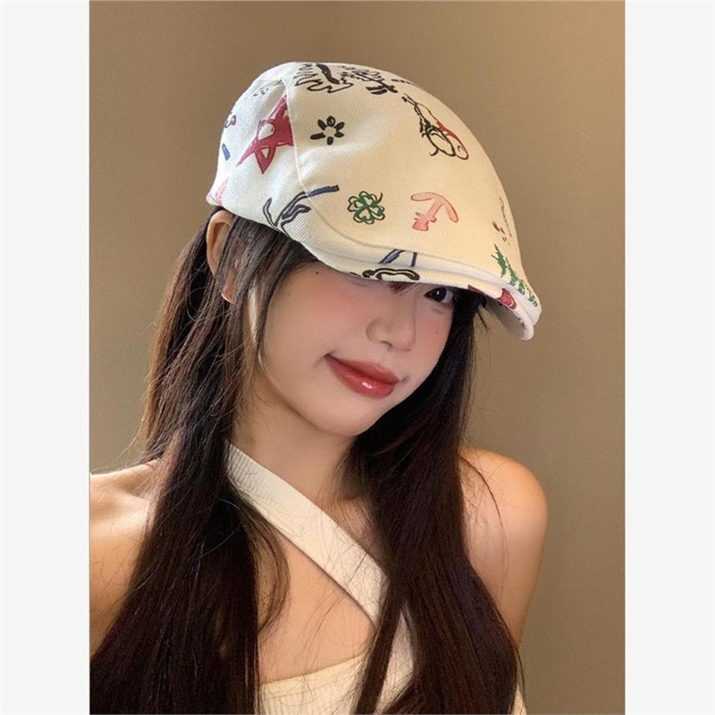 Japanese-Style Graffiti Forward Cap for Women, Spring and Summer Korean Version Versatile Large Head Circumference Beret, Face-Slimming Beret, Painter Hat