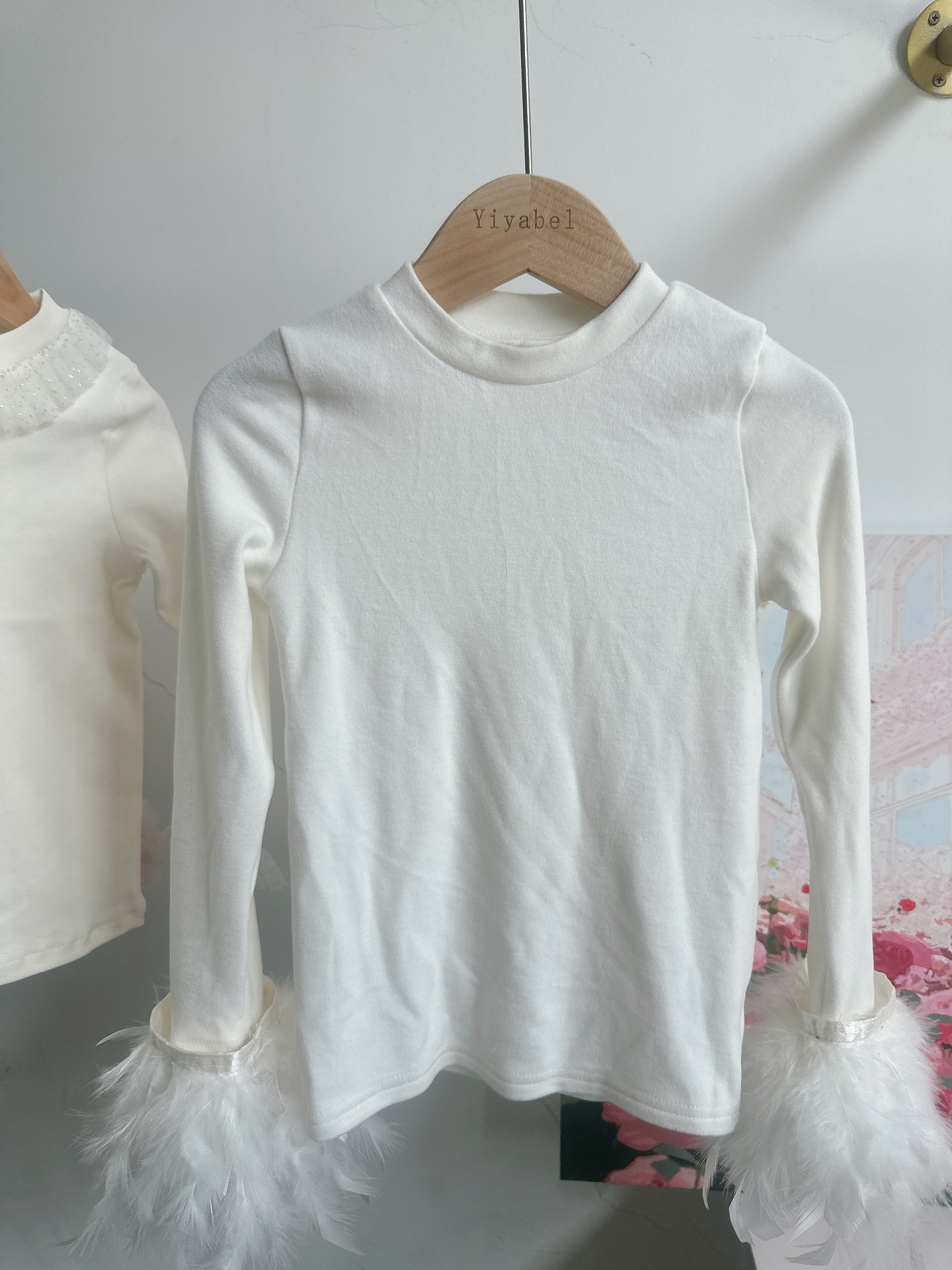 Yybr Original Design Girls Long-Sleeved T-Shirt Pure Cotton Mesh Bottoming Autum Sweet and Cute Feather Bottoming Shirt