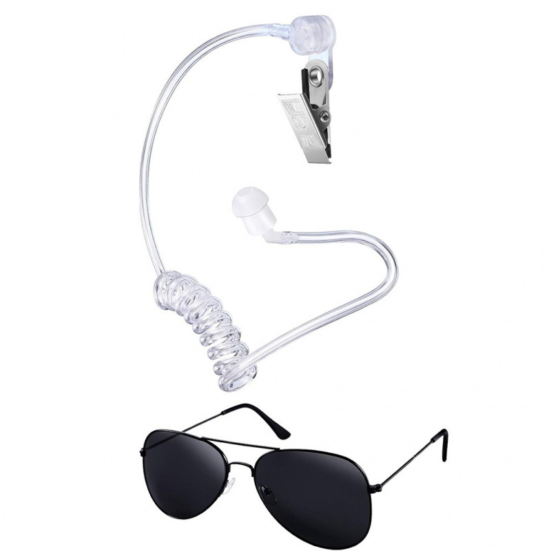 Cosplay Secret Agent Costume Security Baseball Cap Black Sunglasses Work Id Earplugs Set