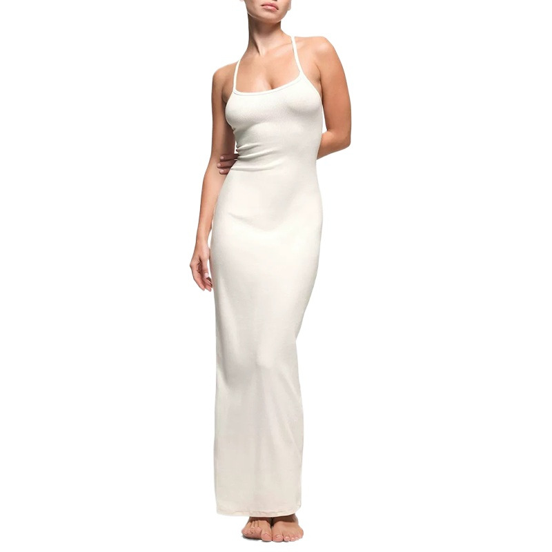 Cross-Border European and American Style New Arrival Spaghetti Strap Dress Ribbed Stretch Tank Dress Slit Long Dress