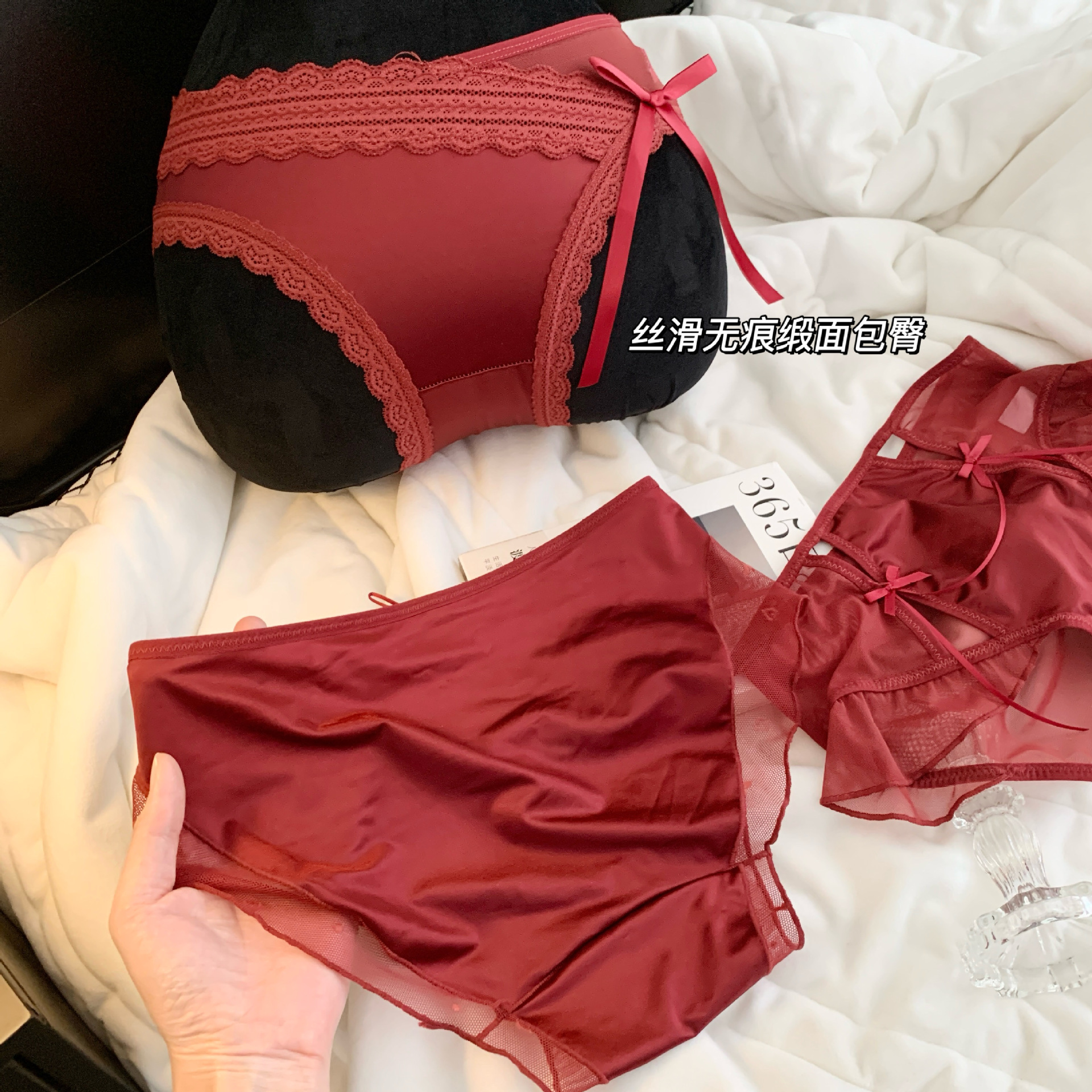 Cherry Red Zodiac Year Good Luck Satin Mesh Underwear for Women 10A Extended Mulberry Silk Crotch Mid-Waist Briefs for Women