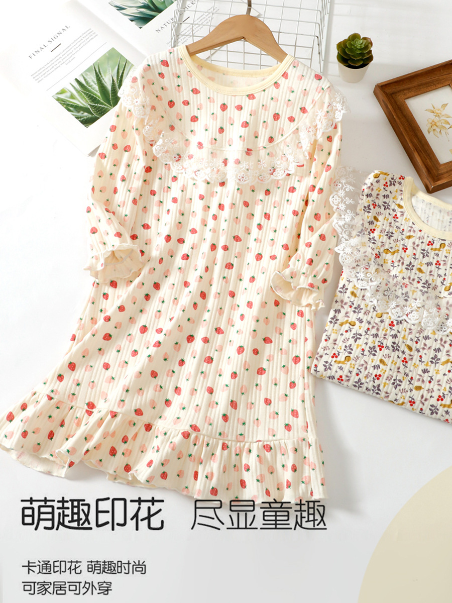 Children's Dress, Girl's Autumn Long-Sleeved Cotton Nightgown, Girl's Lace Home Clothes, Girl's Pajamas, Family Style