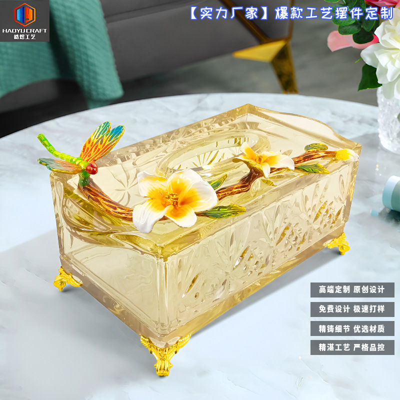 Коробка для салфеток в стиле легкой роскоши, креативная бумажная коробка для гостиной, американское стекло, электроплакированная янтарная коробка для хранения бумаги