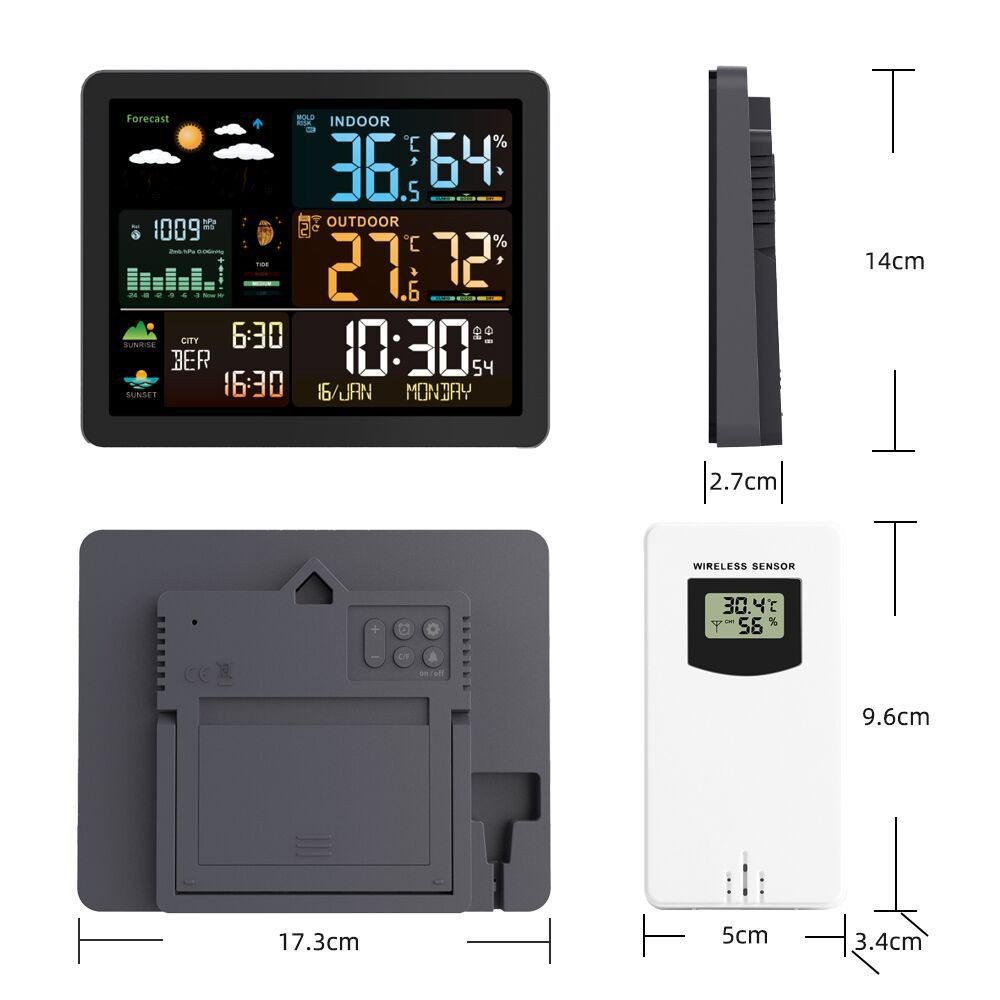 Amazon's Popular Color Screen Weather Clock Digital Clock Indoor and Outdoor Temperature and Humidity Meter Rf Wireless Weather Forecast Alarm Clock