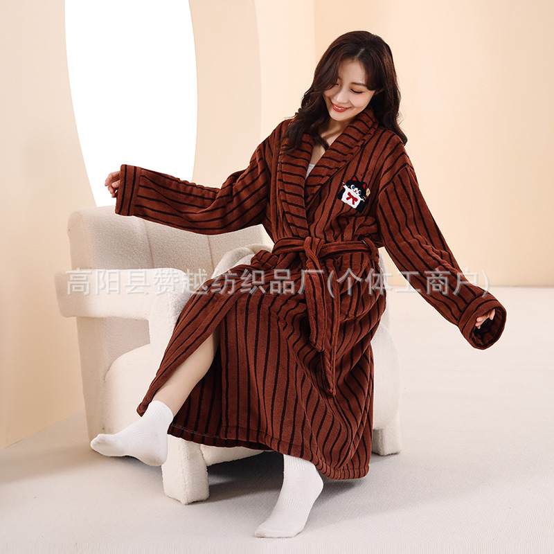 Cross-Border Bathrobe Vertical Striped Coffee Cat Home Clothes Autumn and Winter Thickened Wearable Bath Towel Couple Style Bathrobe with Straps