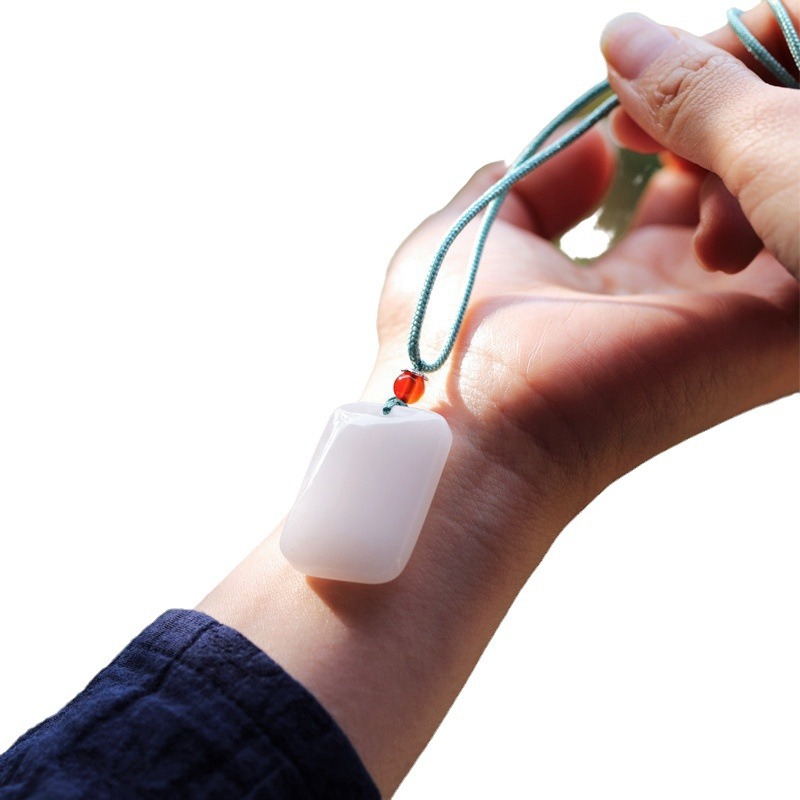 Welfare products Ping An No incident brand pendant smooth white jade pendant men's and women's necklace pure white jade glass pendant green rope