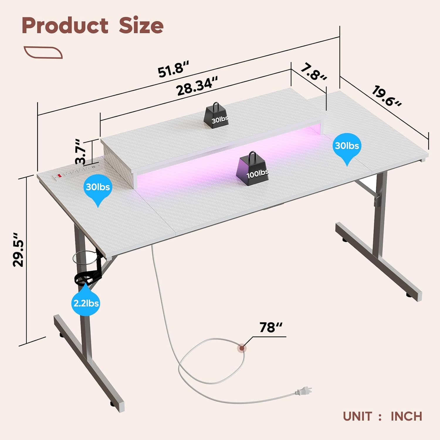 Office Category Simple Modern Computer Desk Iron Wood Structure with Ambient Light Desk Can Be Customized
