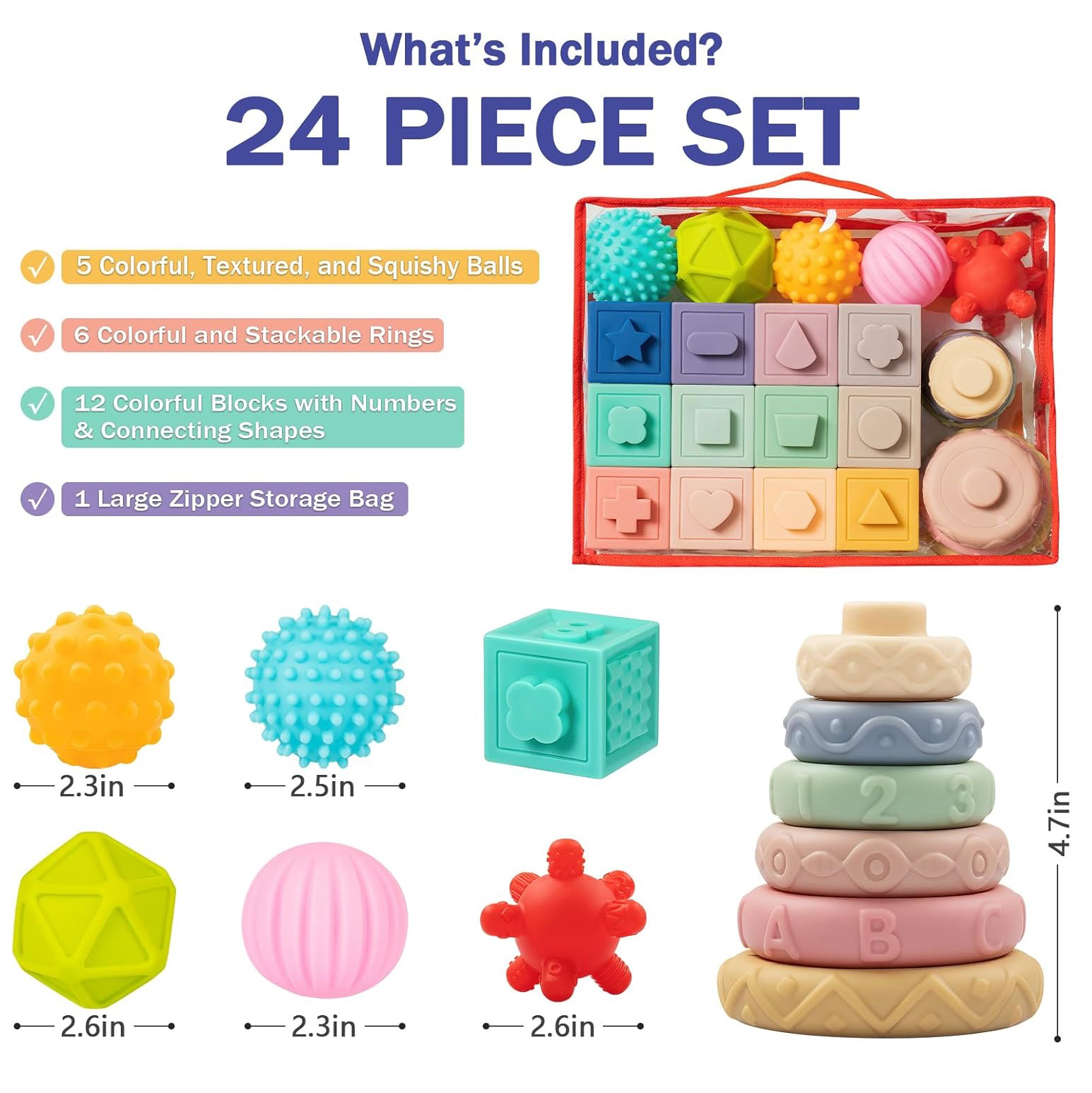 Cross-Border Vinyl Chewable Ball, Squeeze and Squeak Baby Early Education Educational Stacking Soft Rubber Building Block Set Toy