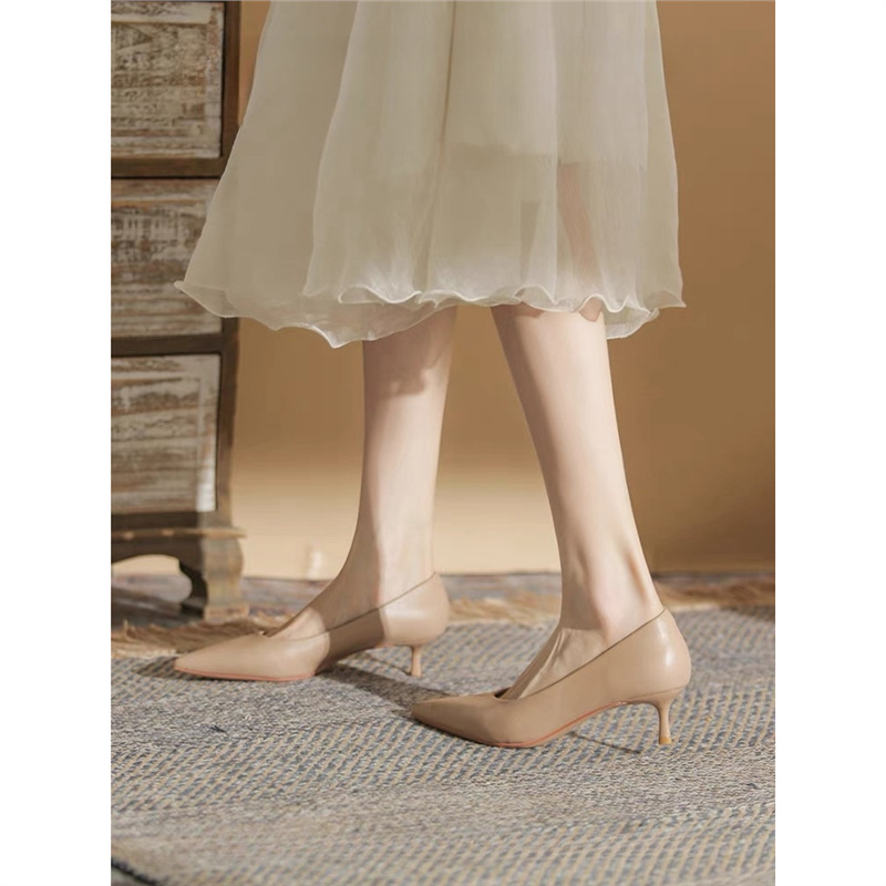 2025 Spring and Autum 5cm Nude High Heels Women's Stiletto New Shallow Mouth Bridesmaid Shoes Pointed Toe Flats Genuine Leather