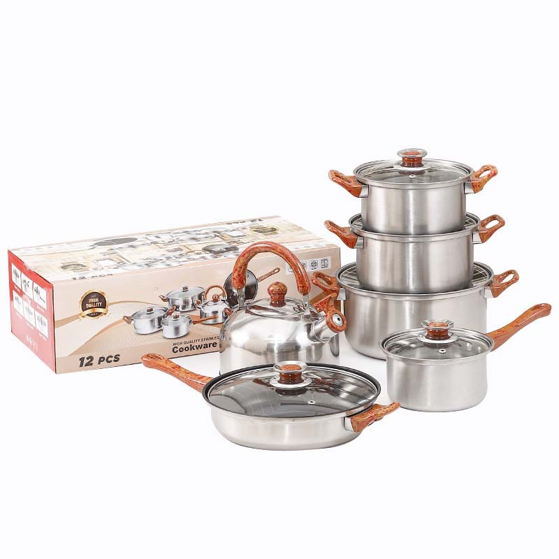 Cross-Border Bakelite Non-Stick Pan Set 12-Piece Set with Wood Grain Handle Cooking Pot Kitchen Soup Pot Milk Pot Frying Pan Pot Set