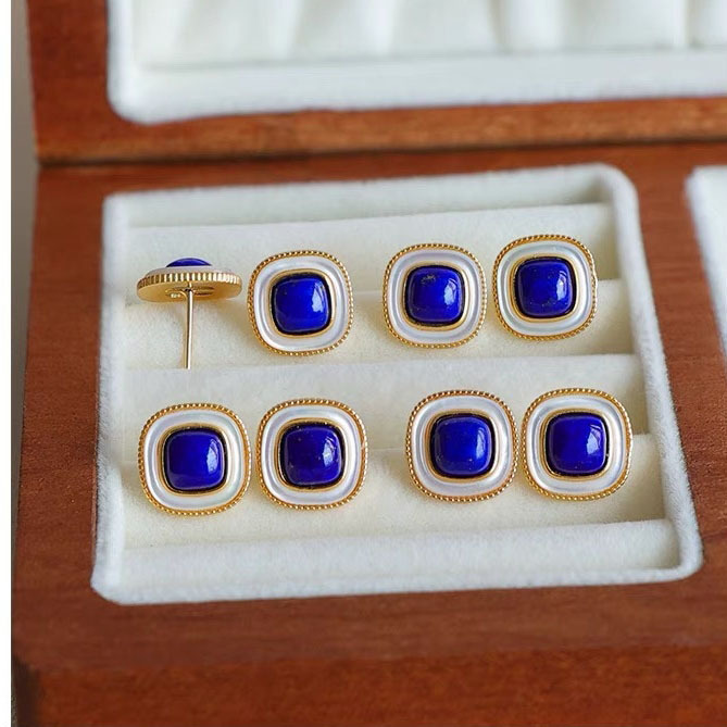 Factory wholesale natural lapis lazuliform earrings white fritillary 925 silver jewelry colored gemstones sterling silver gold-plated earrings