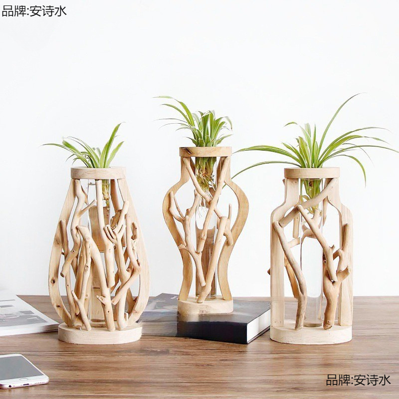 Handmade Solid Wood Small Vase Landscape Ornaments Solid Wood Flower Vessel Hydroponic Test Tube Pastoral Mini Multi-Potted Creative
