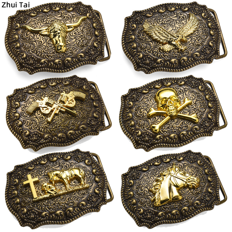 Кожаная пряжка оптом модный тренд маленький узор на крышке основания пряжки голова коровы панк череп пряжка вестерн стиль