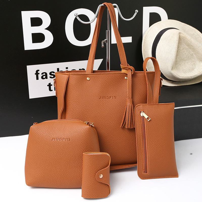 2022 New Litchi Pattern Four-piece Women's Bag Fashionable Simple European and American All-match Handbag Large Capacity Women's Trendy Bag