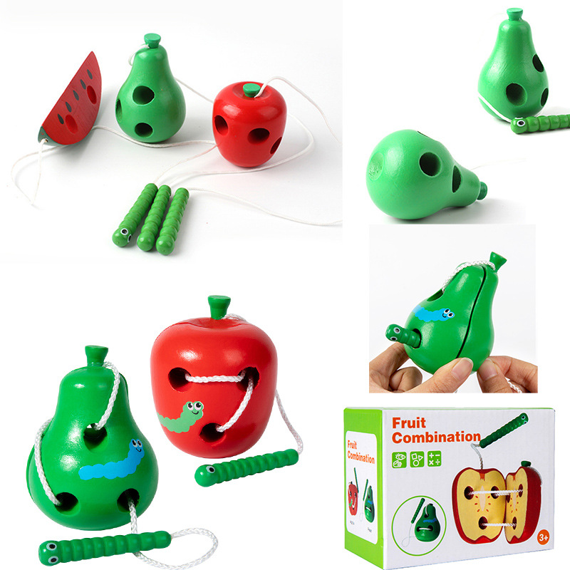 Фабричные насекомые едят фрукты, яблоко, груша, арбуз, детские деревянные игрушки для нанизывания, смешанная партия