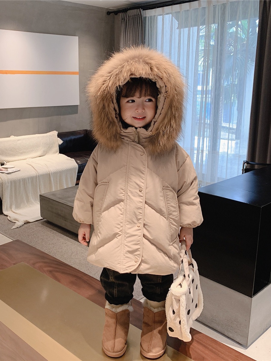 Girls 90 White Duck down Jacket Mid-Length Style Baby Winter Clothing Kidsren's Korean Style Large Fur Collar Warm Hooded Jacket
