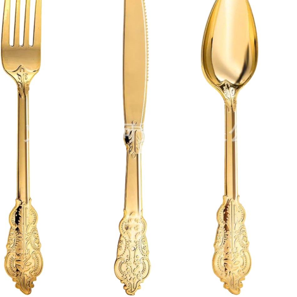 Factory Price Spot Direct Sales Retro Embossed Gold Disposable Plastic Cutlery, Forks and Spoons Party Wedding Tableware