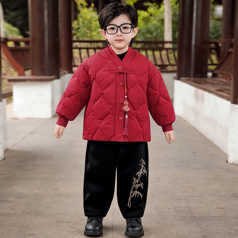 Children's Clothing Boys' Cotton-Padded Clothes Red New Year's Greetings Clothes Thickeneded Kidsren's Winter Clothes 2025 New Boys' Chinese Cotton-Padded Jackets