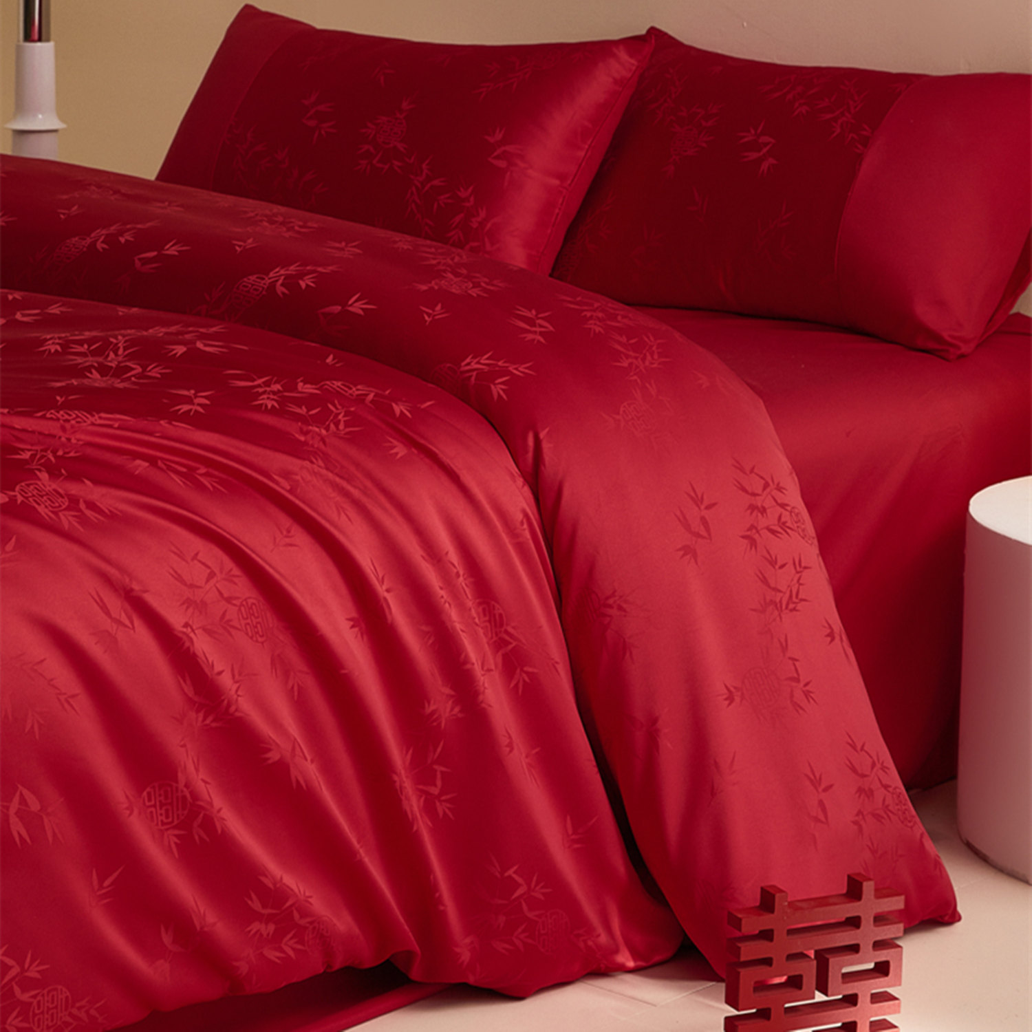 High-End Jacquard Wedding Four-Piece Set Red Wedding Quilt Cover Bed Sheet Fitted Sheet Newlywed Wedding Quilt Bedding