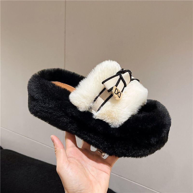 Thick-Soled Height-Increasing Plush Slippers for Women's Outer Wear 2025 New High-Looking and Tall Plush Autumn and Winter Home Cotton Slippers