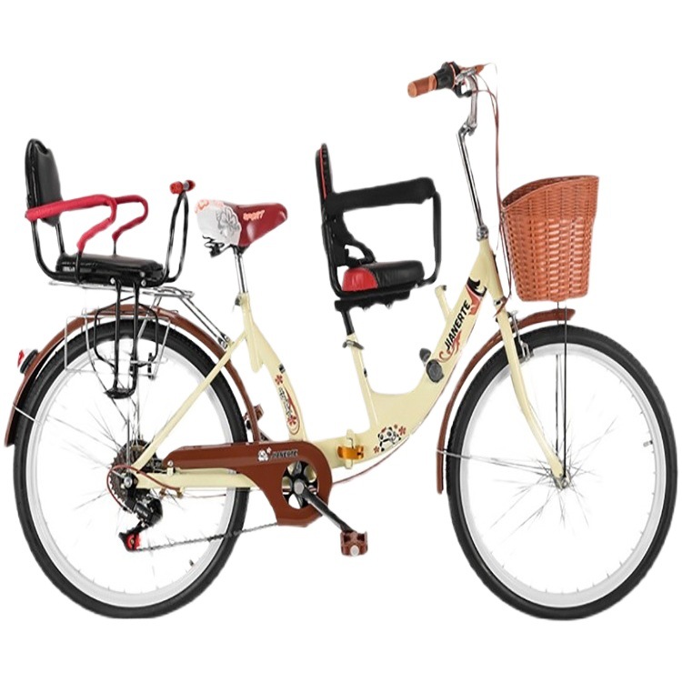 Fully Bearing Folding Parent-Child Bicycle with Baby, Three-Person Double-Seat Bicycle, Lightweight Variable-Speed Adult Parent-Child Bicycle