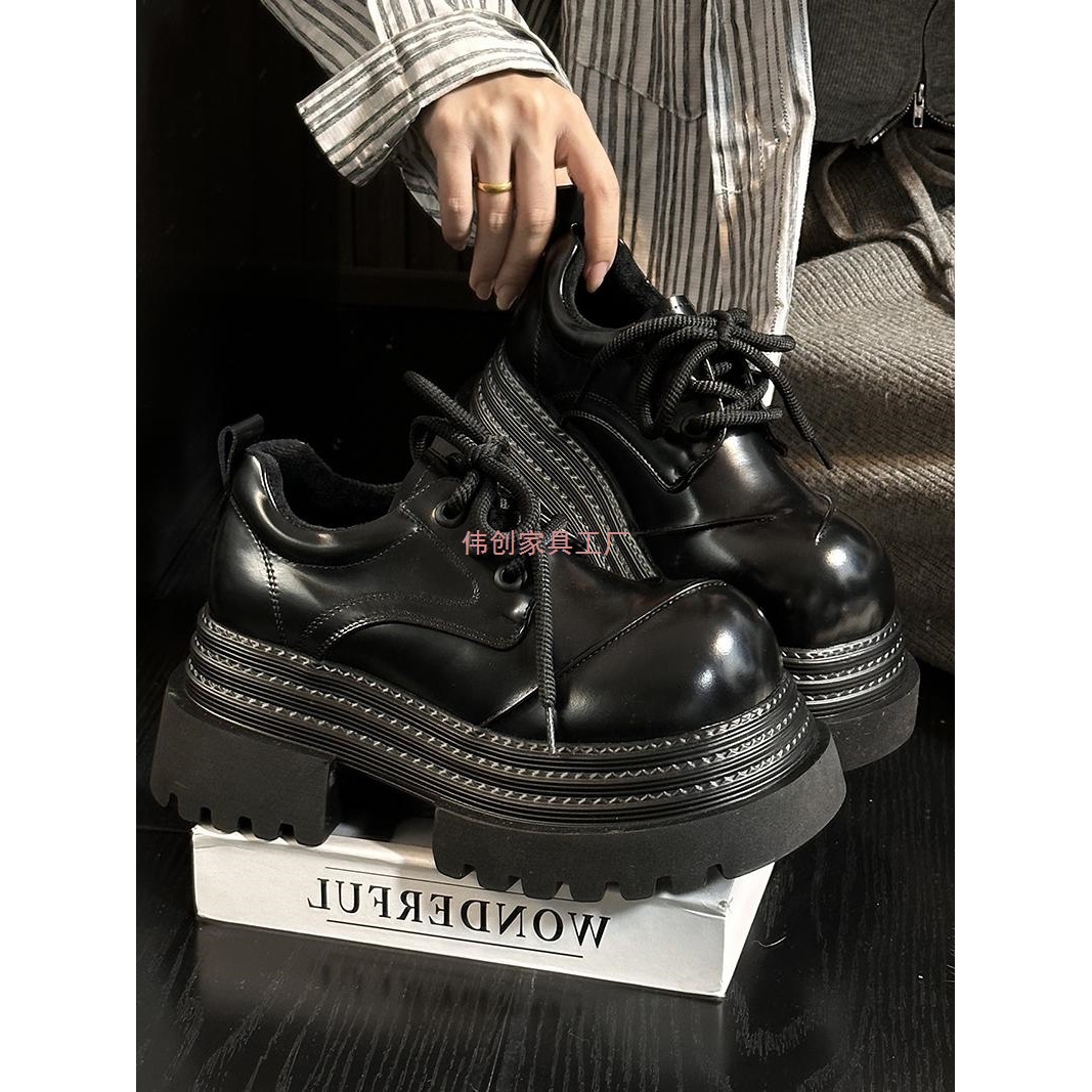 European Genuine Leather Thick-Soled Small Leather Shoes for Women, British Style Round-Toe Lace-Up Derby Shoes, Small Height-Increasing Loafers, Flats