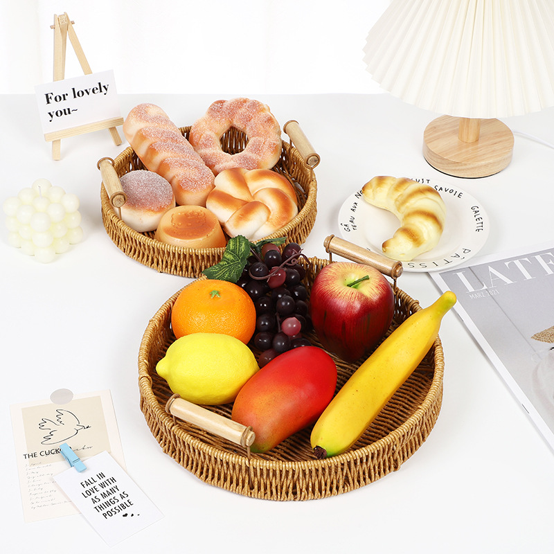 Rattan-like Fruit Plate Hand-woven Japanese Bread Basket Steamed Bread Basket Living Room Household Storage Basket Rattan-woven Binaural Tray