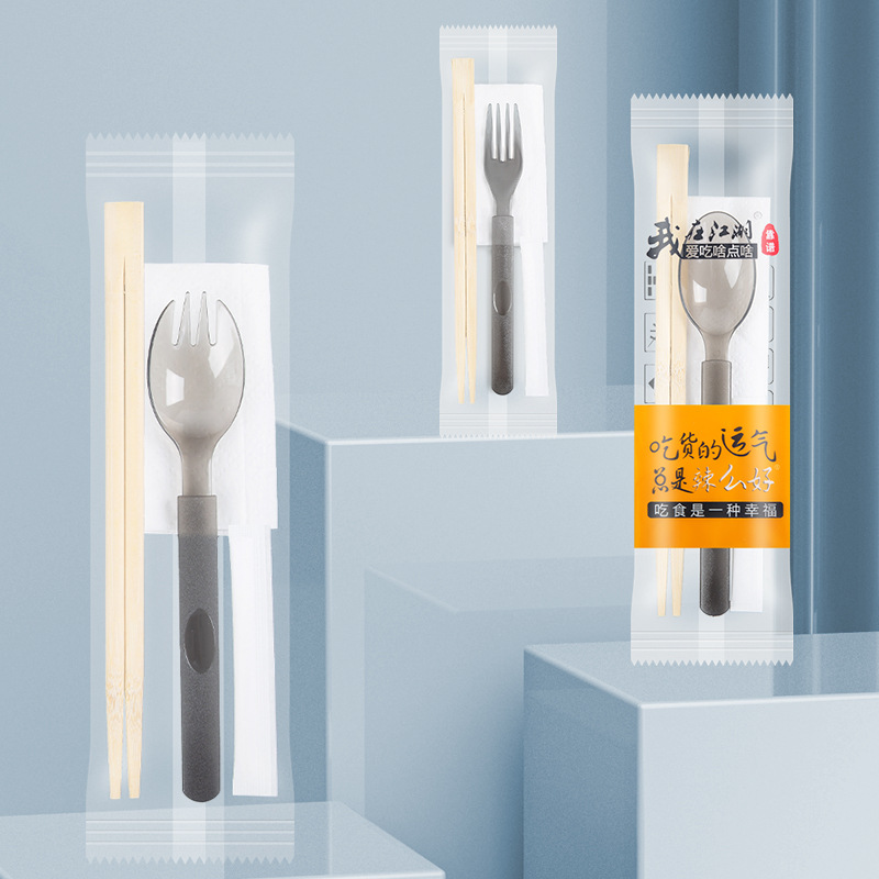 Disposable American Spoon and Chopsticks Four-piece Set Meal Package Takeaway Bibimbap Light Food Hardened Rich Spoon Paper Towel Toothpick