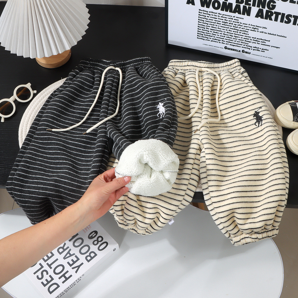 Children's Striped Fleece-Lined Thickened Pants Winter Thickened Casual Sweatpants