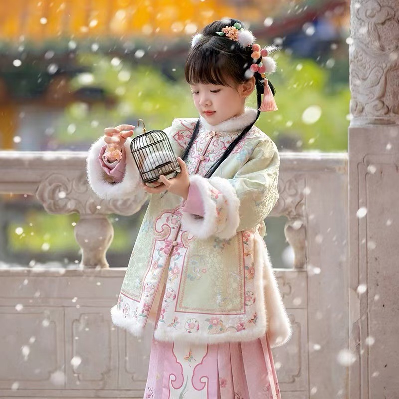 Hanfu for Girls, Winter 2025 New Style, Thickened Ming-Style Mamian Skirt Set for Children, Ancient Costume for Girls, Super Fairy-Like New Year Outfit